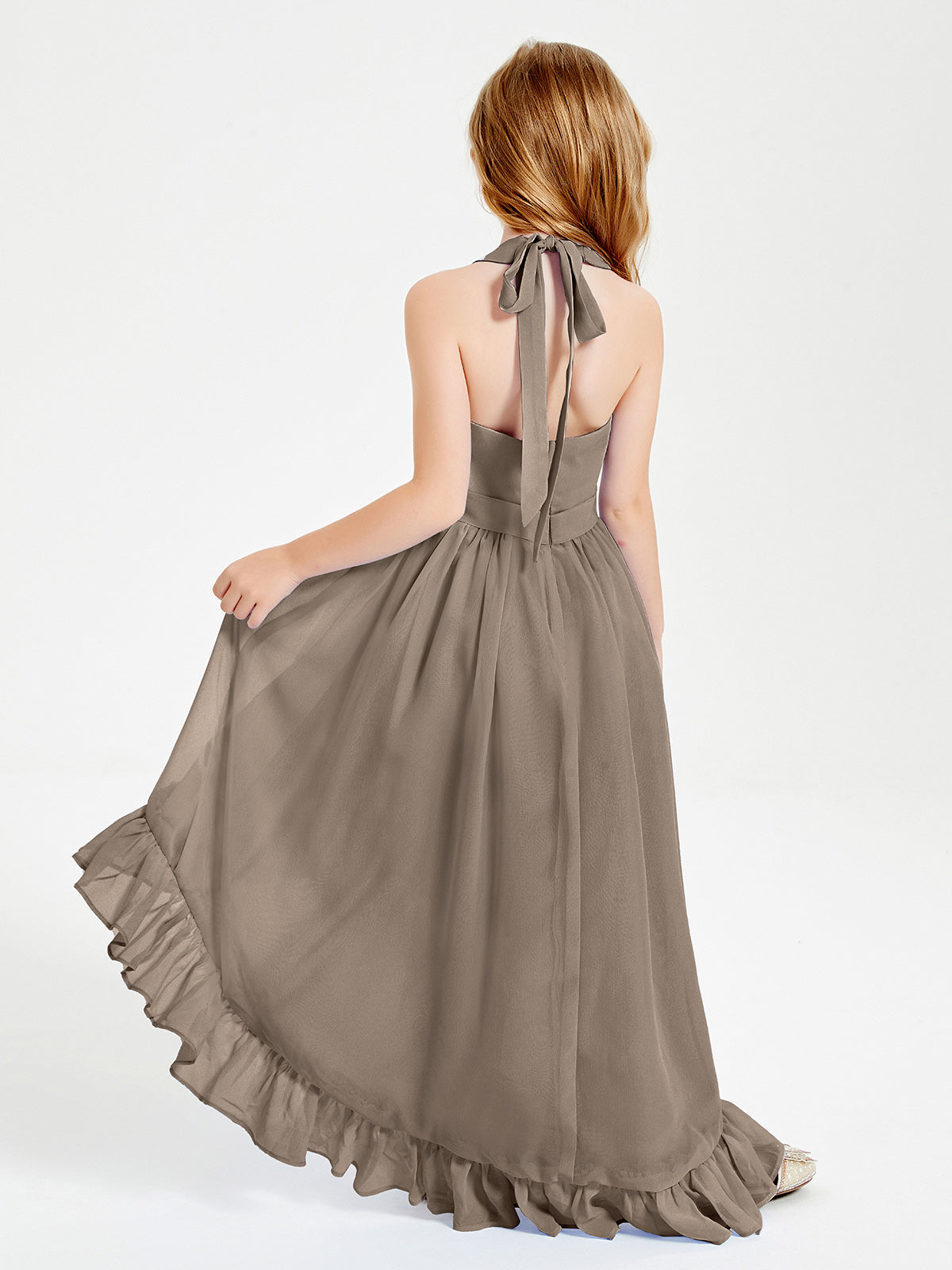 Trendy Boho Junior Bridesmaid Dresses Asymmetrical Cascading Skirt Taupe